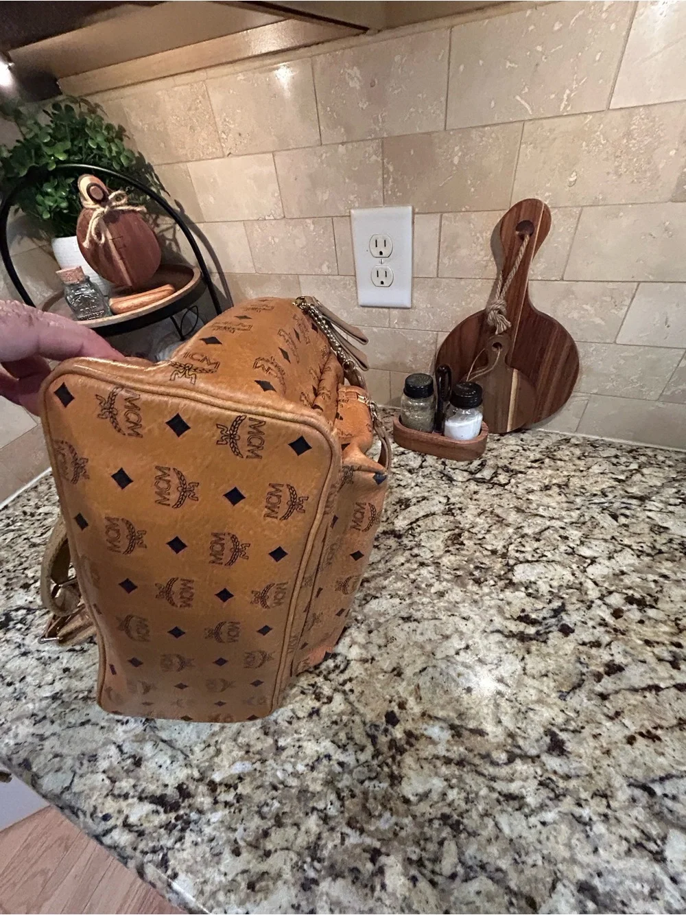 MCM Cognac Visetos Backpack Large with mcm bone bag charm and coa card.